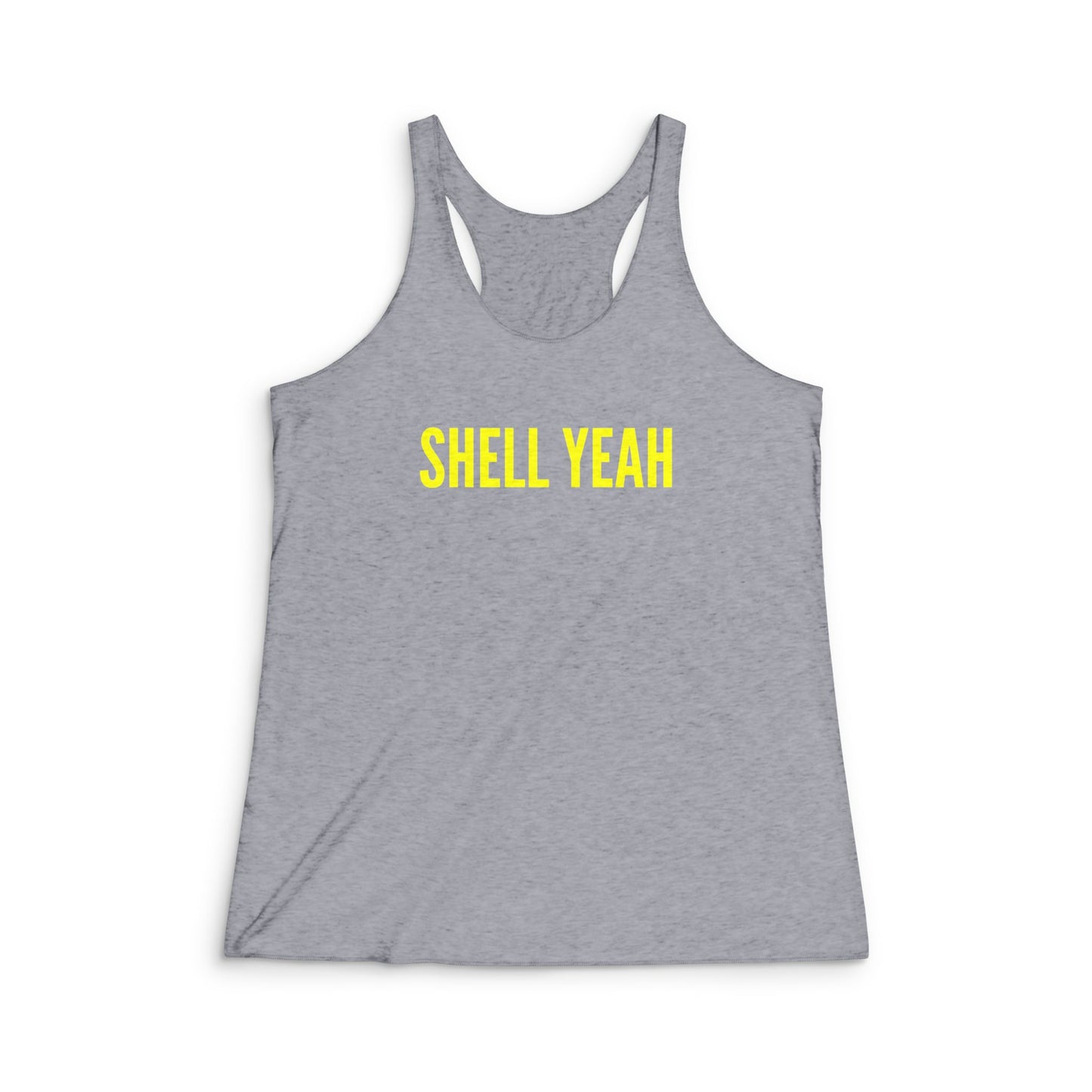 Premium Heather Grey racerback beach tank featuring yellow "Shell Yeah" typography. A high-quality, soft-touch tri-blend top perfect for tropical travel, Florida lifestyle, and active days on the shoreline. This is for the classic comfort style beachcomber!