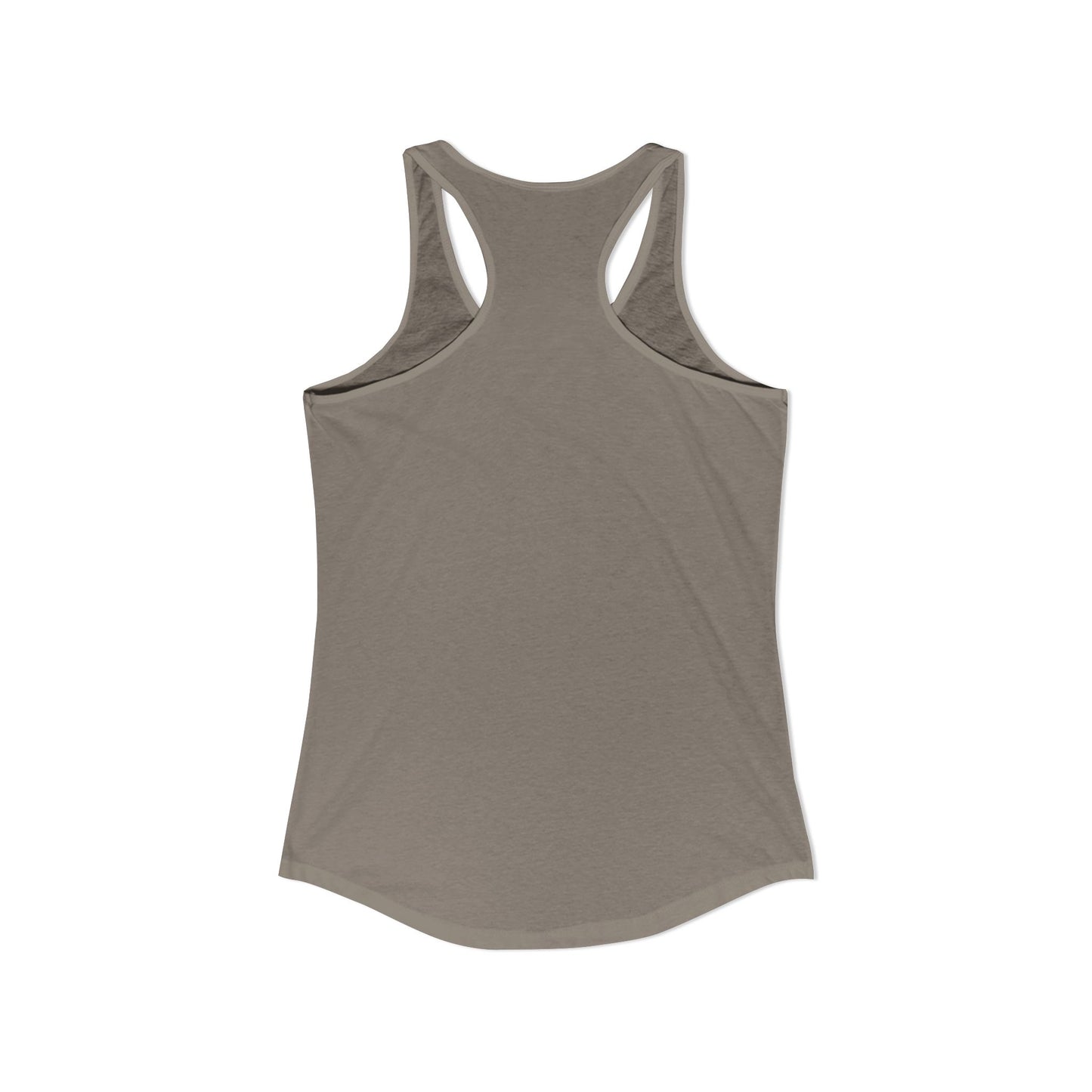 Detail shot of the racerback silhouette on a warm grey women’s tank, designed for a full range of motion during beachcombing and shelling.