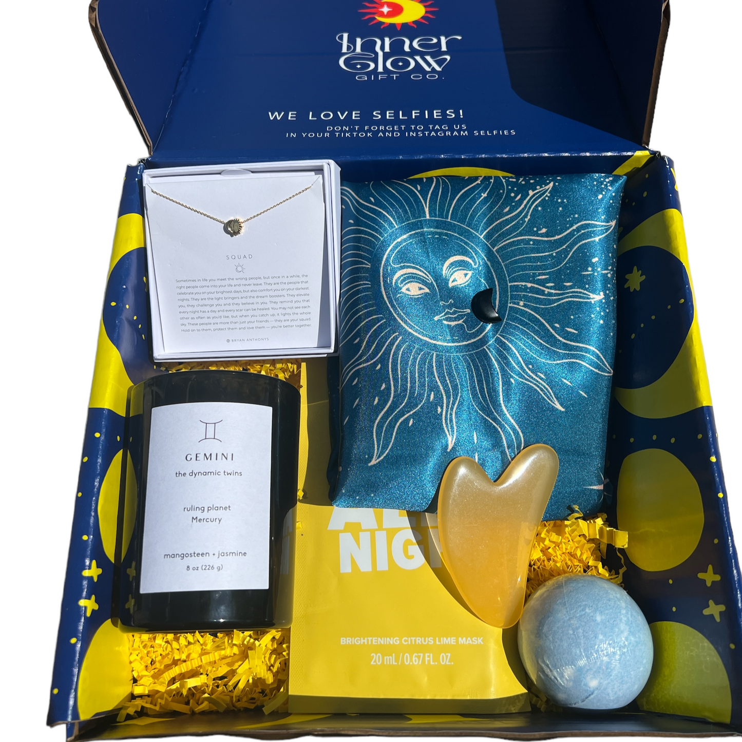 Zodiac Gift Box for her with gold dainty zodiac sun and moon necklace 14k Gold plated vermeil, delicious luxury scented candle, satin pillowcase,  gua sha tool, and crescent moon trinket dish; celestial-themed self-care gift set for astrology lovers!
