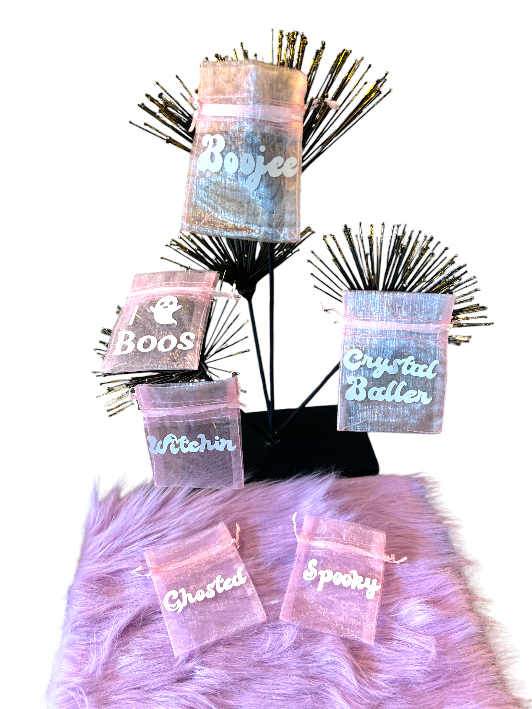 Girly pink personalized Halloween favor bags, 3x4 inches, perfect for party decor or mini gifts. Customizable satin bags for spooky chic Halloween parties, reusable, ideal for women aged 20-60. Perfect for Halloween party favors, glam decor, and treats.