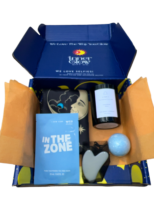 Mini celestial-themed gift box featuring a  deliciously scented zodiac candle  a black satin celestial themed pillowcase, a refreshing tea tree face mask, a soothing bath bomb, and a gua sha for radiant skin. Perfect for high-quality astrology gifts on a budget, this $25 mini box is ideal for self-care enthusiasts and thoughtful gifting for her birthday and beyond! A true astrology lovers gift! Expertly Packaged in a Celestial-Designed Box with Luxury Wrapping for Ready-to-Give Gifting!