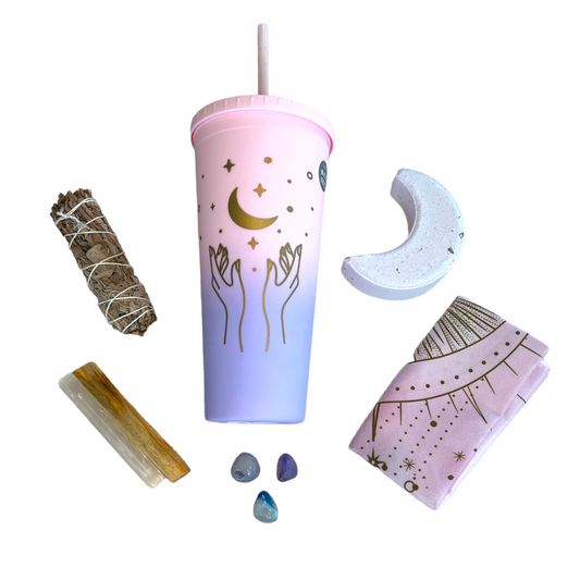 Negativity Banishing Self-Care Mini-Kit: Cleanse Your Space, Up Your Energy- Self Care Kit Smudge Stick, Celestial Tumbler, Moon Bath Bomb