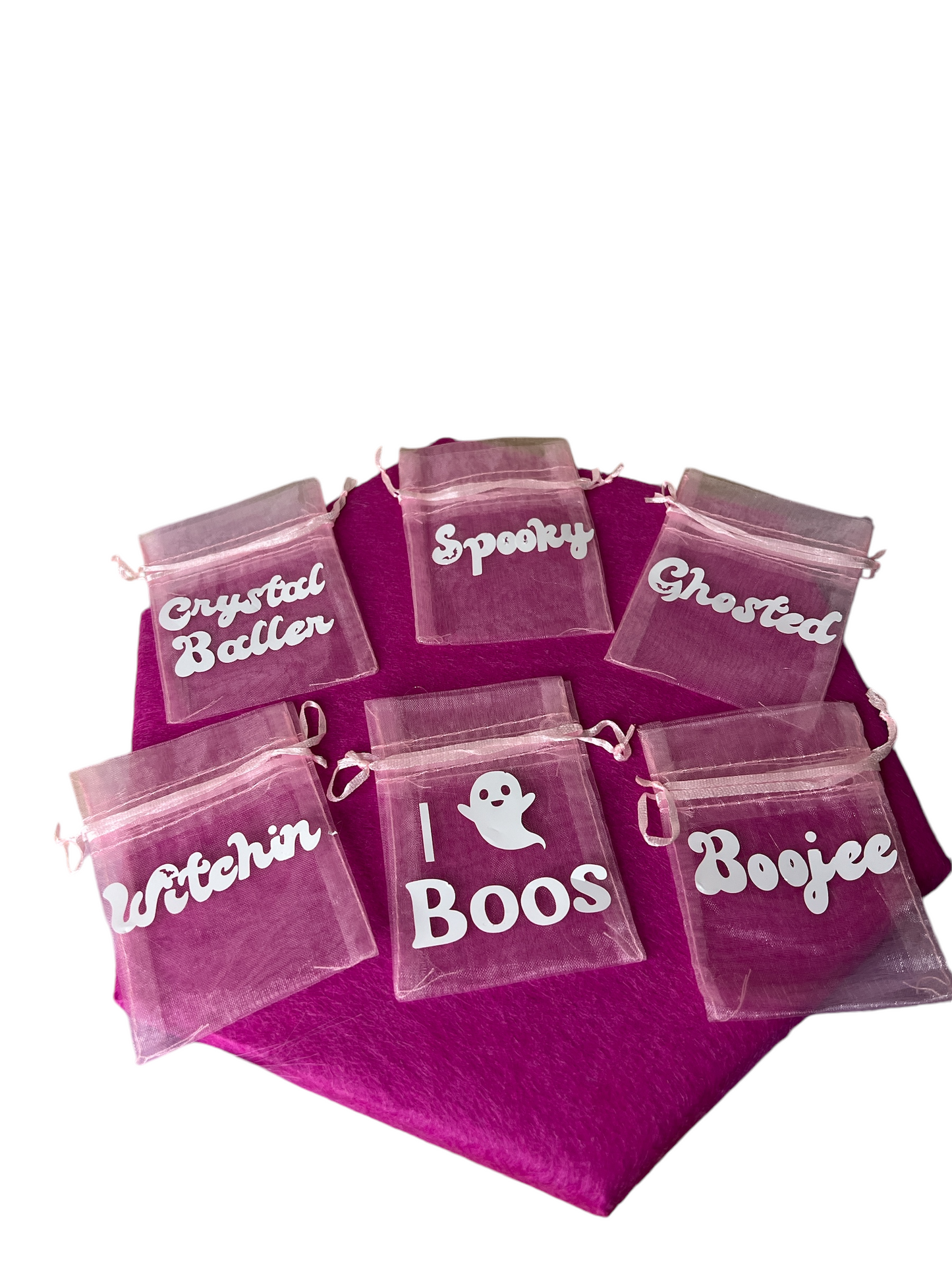 Girly pink personalized Halloween favor bags, 3x4 inches, perfect for party decor or mini gifts. Customizable satin bags for spooky chic Halloween parties, reusable, ideal for women aged 20-60. Perfect for Halloween party favors, glam decor, and treats.