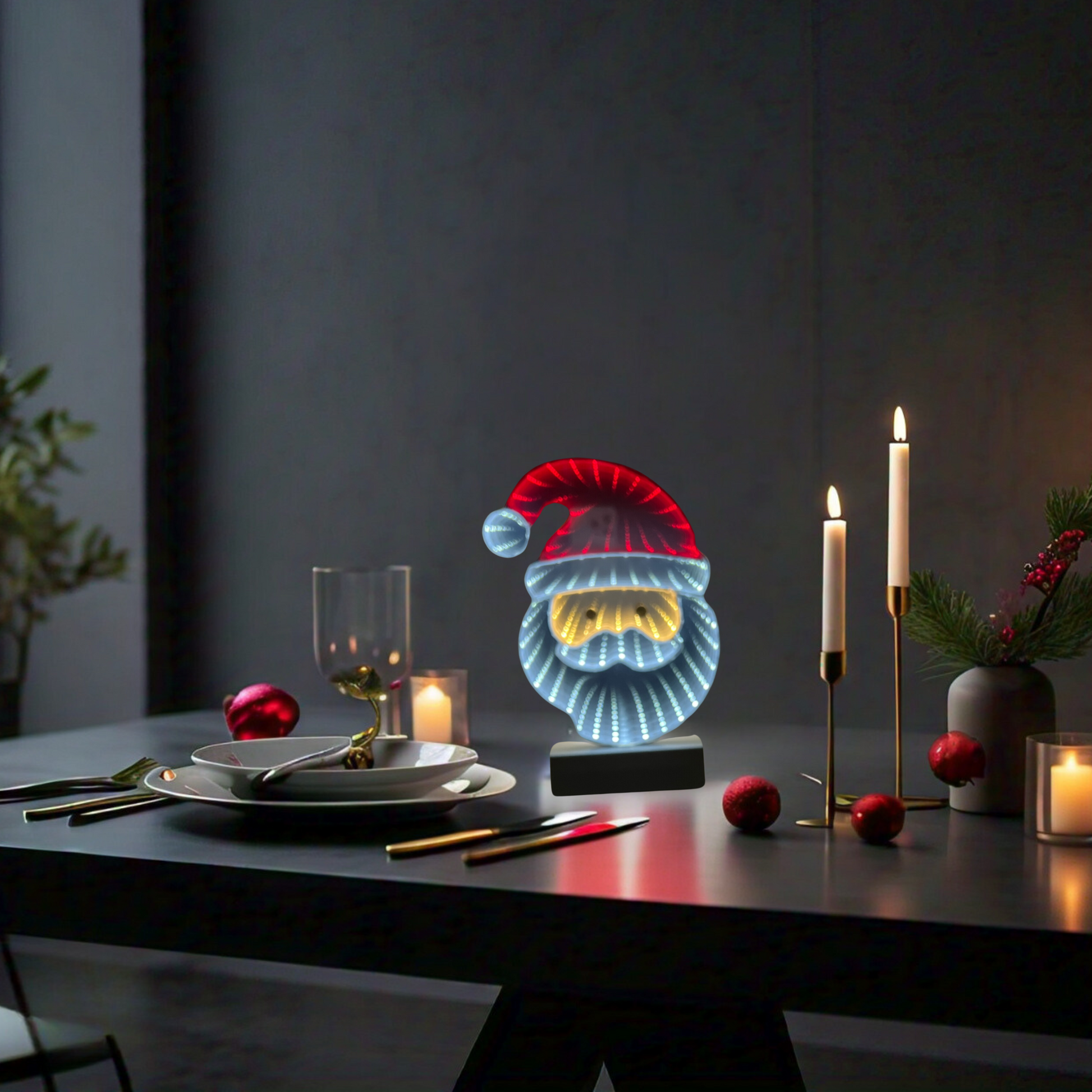 Christmas infinity Santa LED light in warm white, cool white, and red. Perfect battery-operated table decoration for a festive, modern holiday touch!