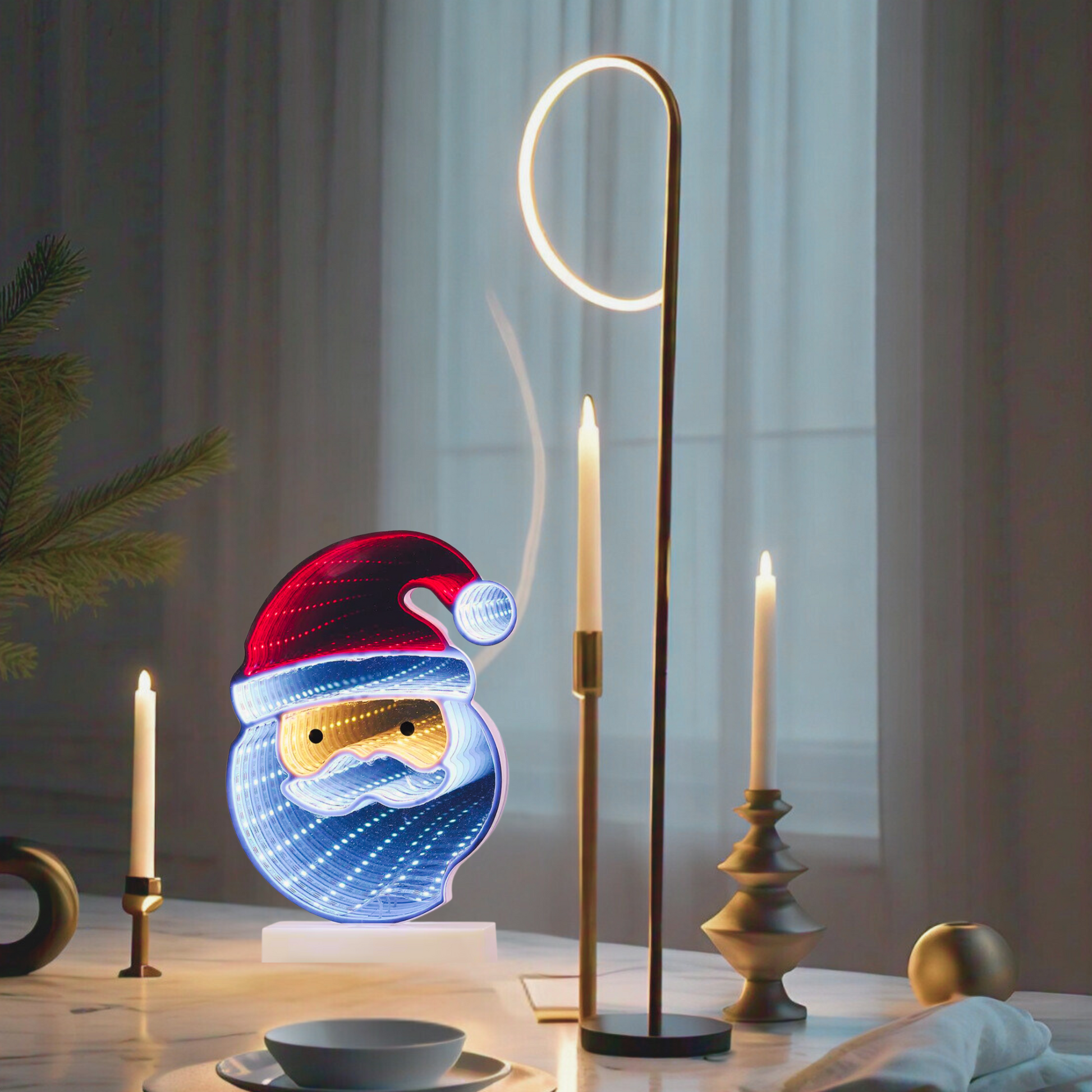 Festive LED Santa light with infinity glow effect, battery-powered and easy on/off switch. Modern holiday table centerpiece for cozy Christmas home decor