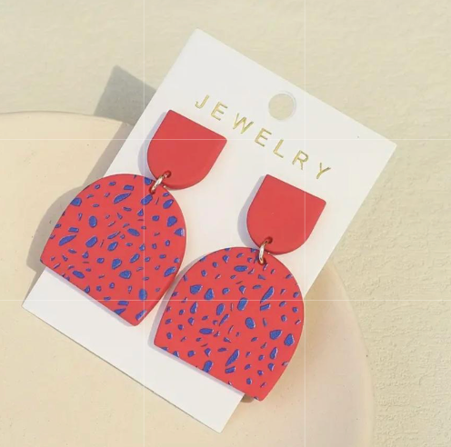 Geometric Red and Blue Dot Pattern Dangle Earrings, Vacation Earrings, Statement Earrings