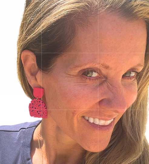 Geometric Red and Blue Dot Pattern Dangle Earrings, Vacation Earrings, Statement Earrings