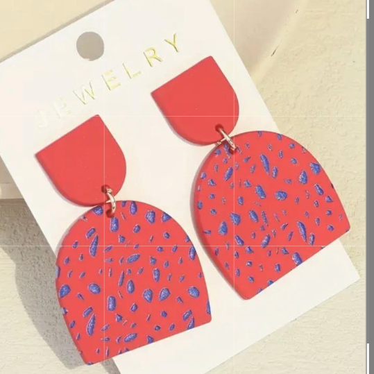 Geometric Red and Blue Dot Pattern Dangle Earrings, Vacation Earrings, Statement Earrings