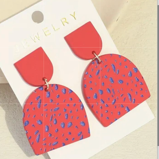 Geometric Red and Blue Dot Pattern Dangle Earrings, Vacation Earrings, Statement Earrings