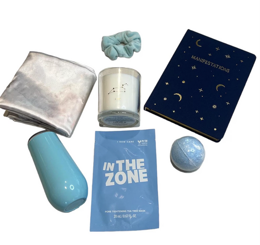 Celestial Self-Care Gift Set for Women – Includes satin pillowcase, constellation candle, manifestation journal, scrunchie, bath bomb,  face mask, and tumbler.