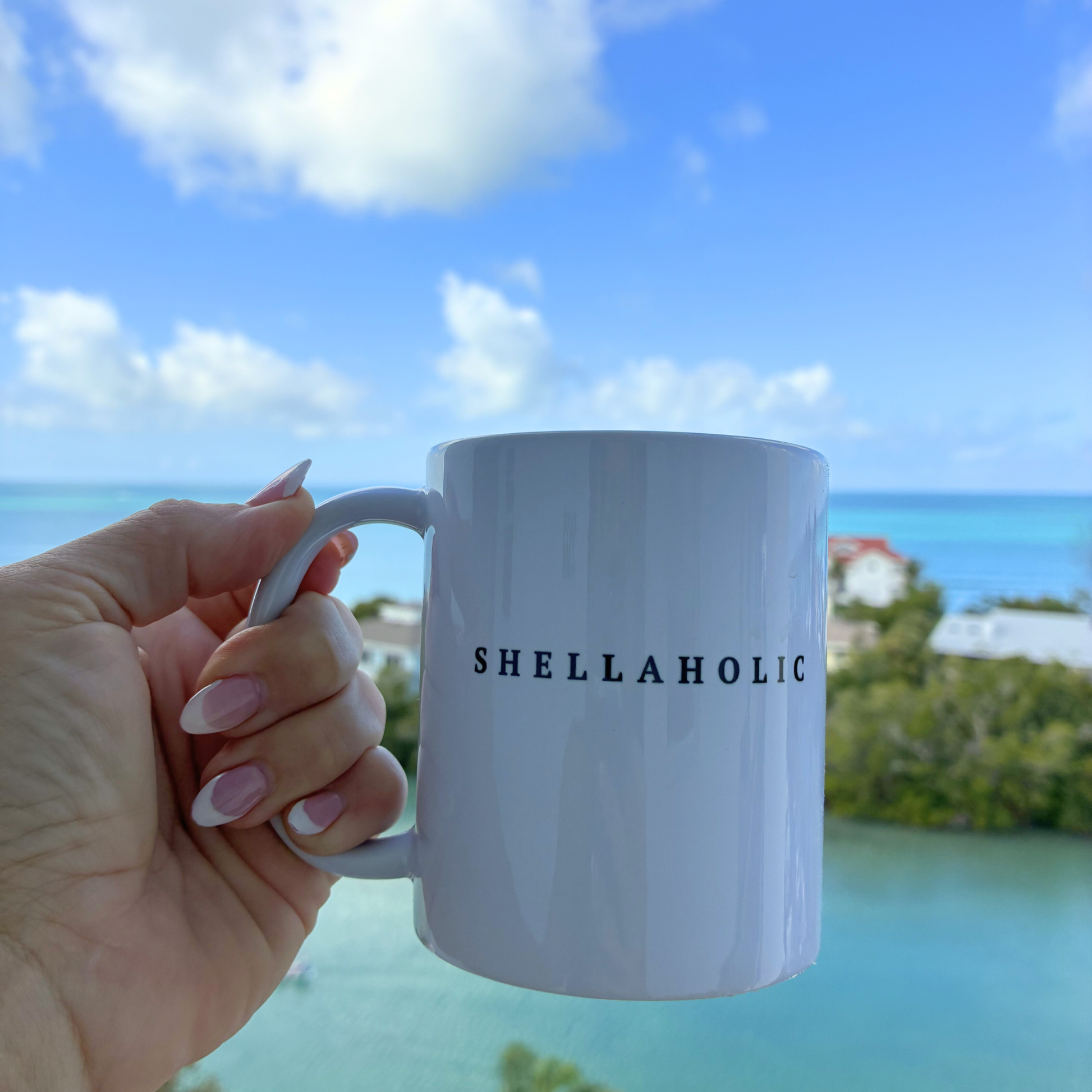 Hand holding a mug with 'SHELLAHOLIC' text against a scenic background