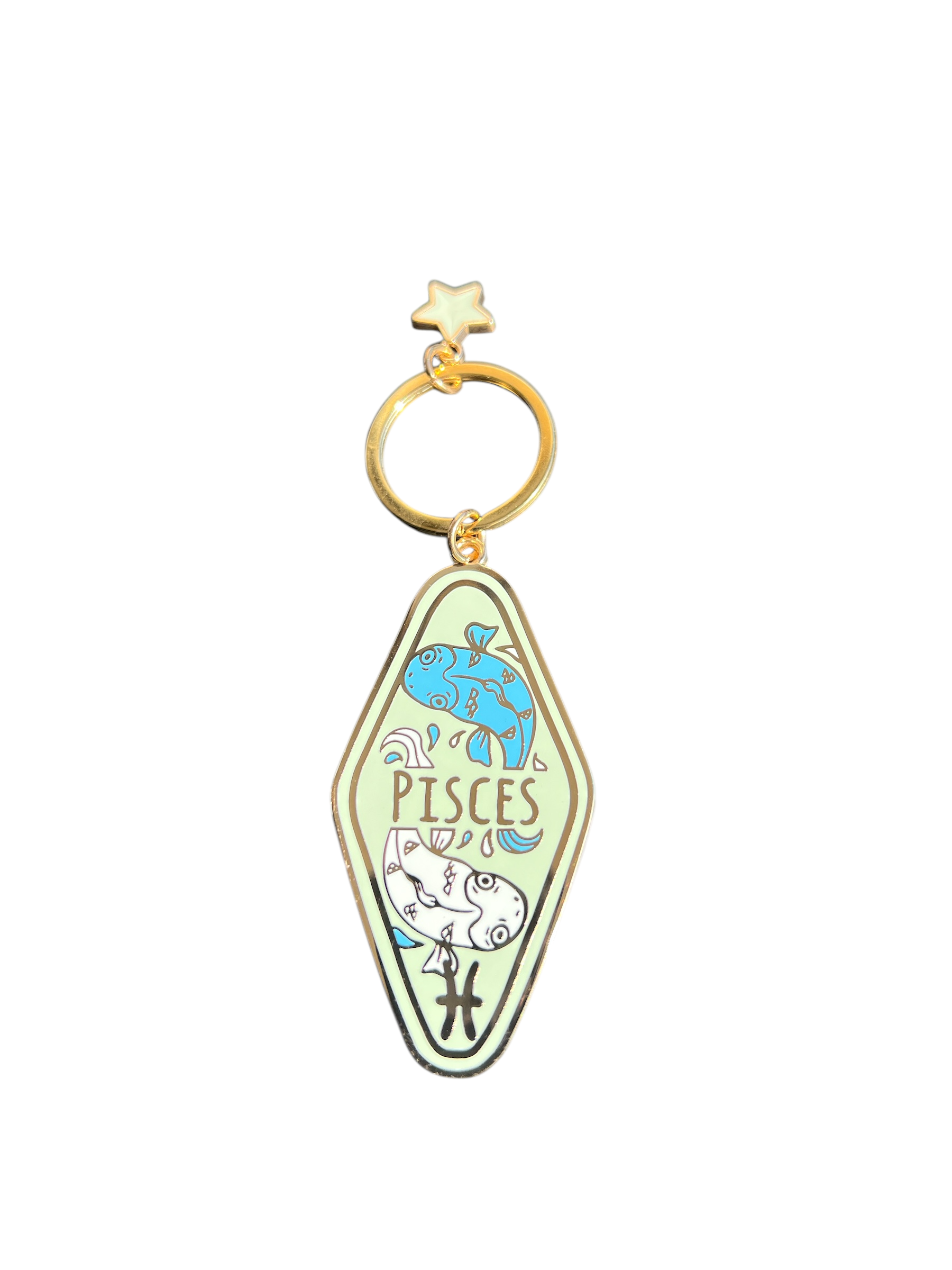 A vintage-inspired Pisces motel keychain featuring a retro celestial design. Stylish, lightweight, and perfect for astrology lovers. Attach it to keys, bags, or backpacks for a cosmic touch. Makes a unique horoscope gift for dreamers, creatives, and spiritual Pisces souls. A must-have zodiac accessory for astrology lovers!